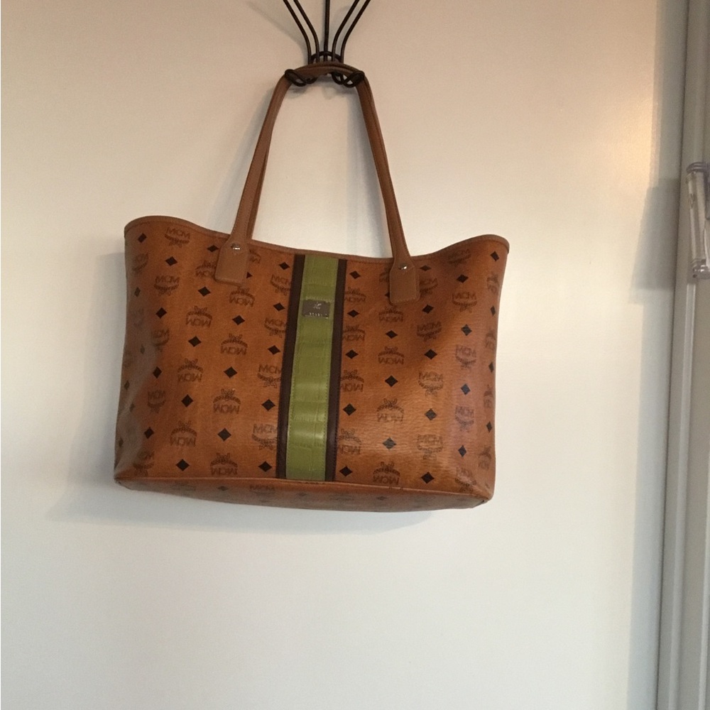 MCM Cognac Monogram Tote with Olive Center Stripe